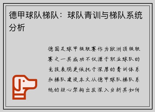 德甲球队梯队：球队青训与梯队系统分析
