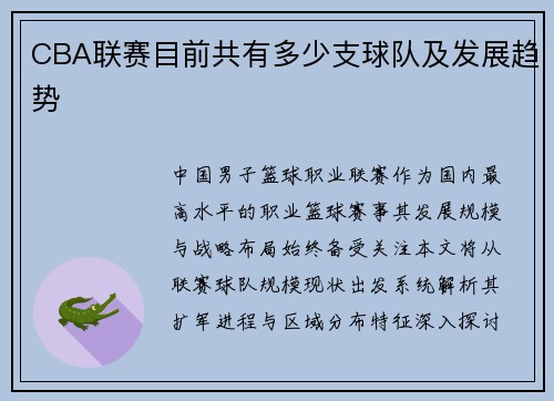 CBA联赛目前共有多少支球队及发展趋势