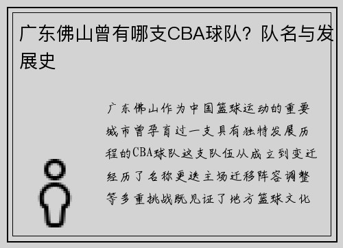 广东佛山曾有哪支CBA球队？队名与发展史