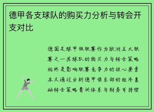 德甲各支球队的购买力分析与转会开支对比