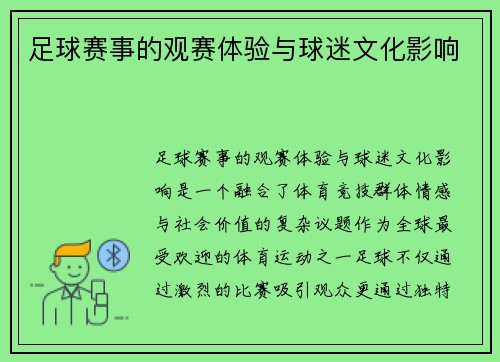 足球赛事的观赛体验与球迷文化影响